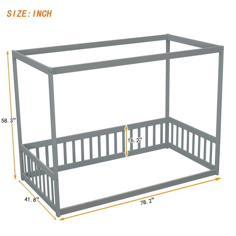 Twin Size Canopy Frame Floor Bed with Fence,Guardrails