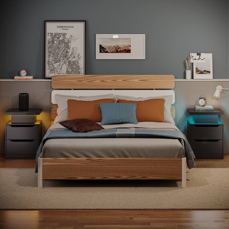 Modern Wood Nightstand with Charging Station, 2 Drawers, Bedside Table with LED Lights