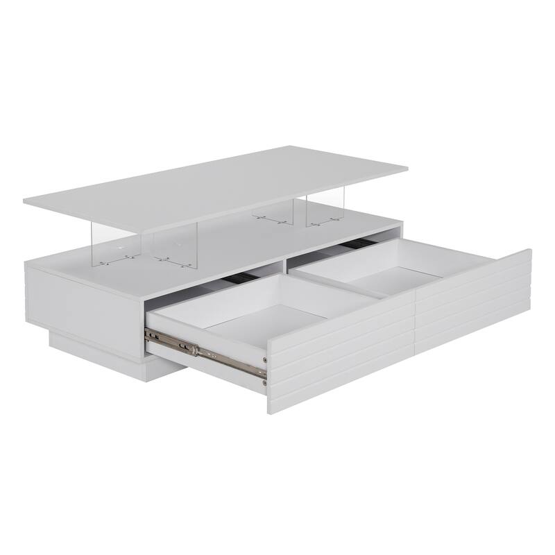 47.2" High Gloss LED Coffee Table for Living Room, Modern Rectangular 2-Tier Center Table with 2 Drawers & Open Storage