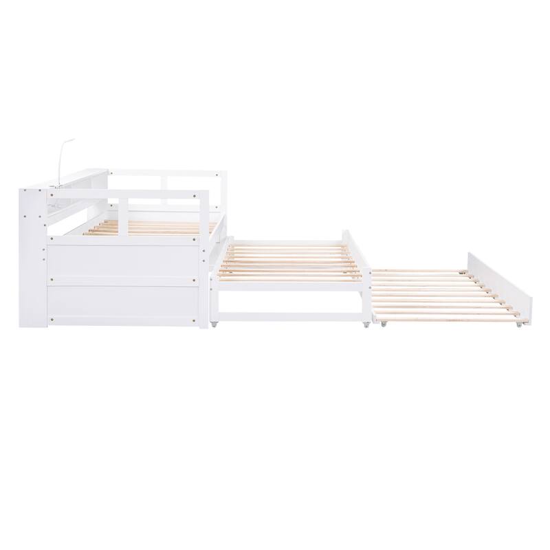 Wooden Bed Frame, Twin XL Daybed Bed w/2 Pull-out Trundles Bed, 3 Storage Cubbies and USB Charging Design for Bedroom, Apartment