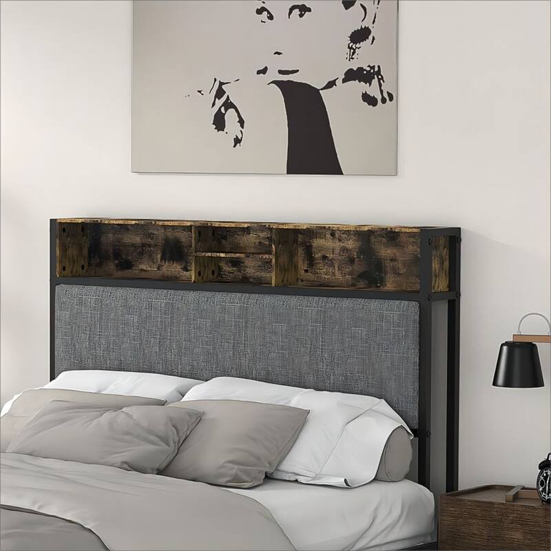 Wayna Gray Polyester Blend Upholstered Headboard With USB Port&Storage