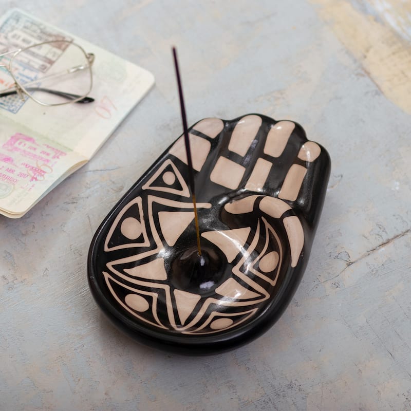 Novica Handmade Black & White Hamsa Ceramic Incense Holder