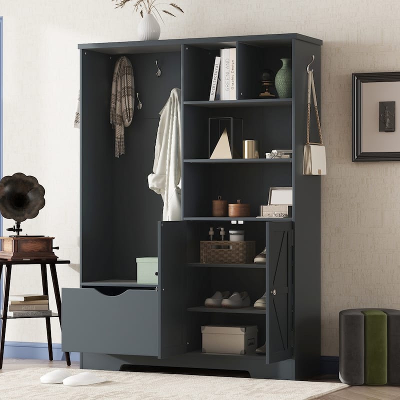 Multi-functional Hall Tree with Bench and Shoe Storage,Entryway Hall Tree with Coat Rack