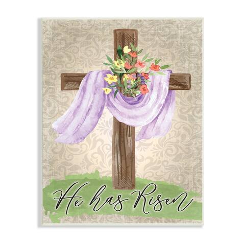 Stupell Industries He Has Risen Spring Floral Cross Brown Damask Pattern Wood Wall Art