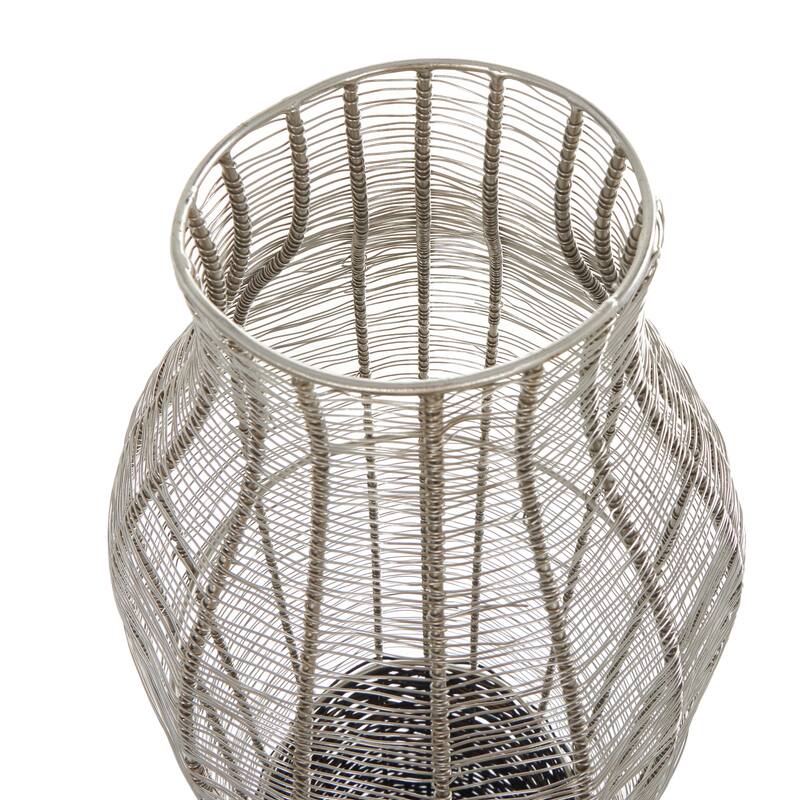 Silver Metal Tall Vase with Woven Black Rattan Base