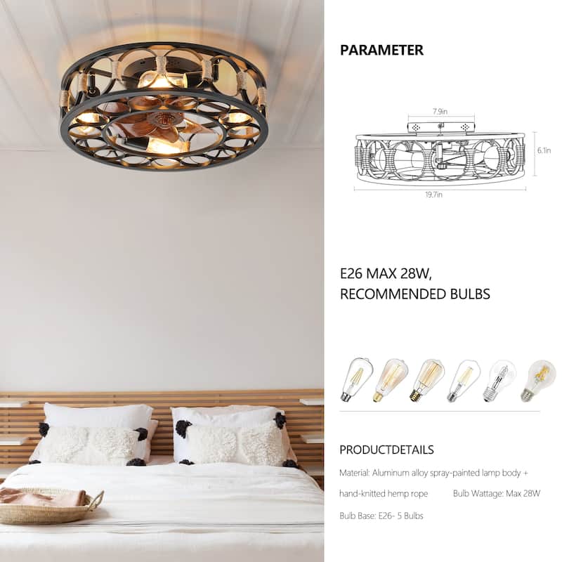 Caged Ceiling Fan with Lights Remote Control,6 Speeds Reversible Blades, 5 LED Bulbs Include