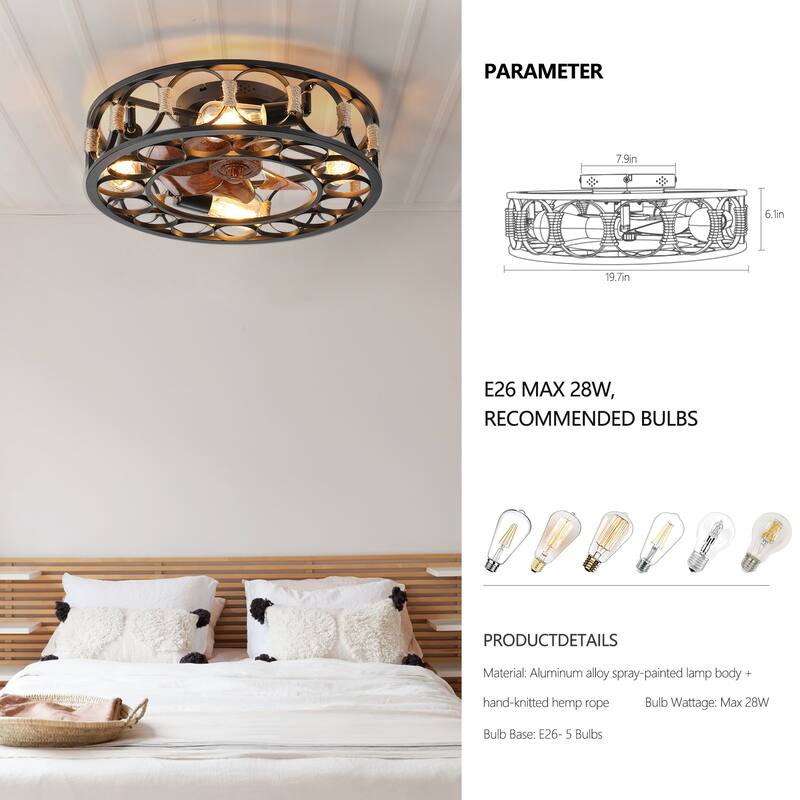 Cusp Barn 20" Flush Mount Ceiling Fan,Caged Ceiling Fan,Low Profile Modern Farmhouse Fan Light,Quite Airflow with Remote Control