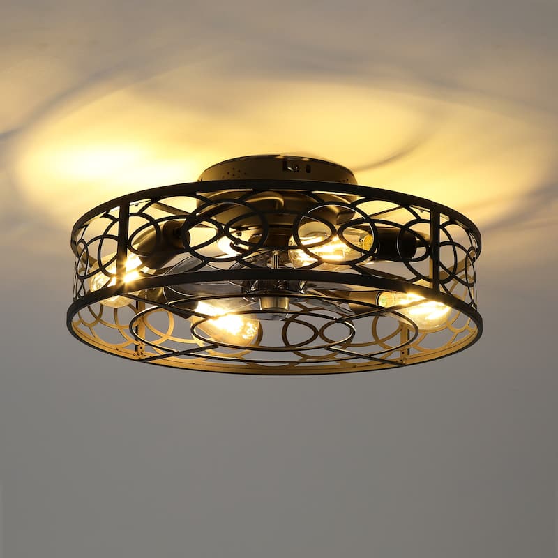 20" Caged Ceiling Fans with Lights,Bladeless Ceiling Fan 6 Speed Reversible with Remote Control,Flush Mount Caged Ceiling Fan