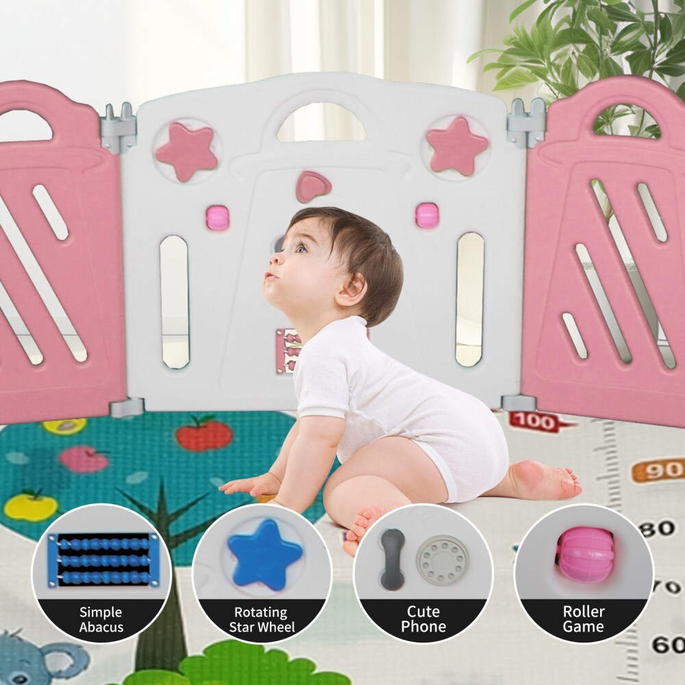 22-Panel Pink and White Foldable Baby Playpen with Safety Lock