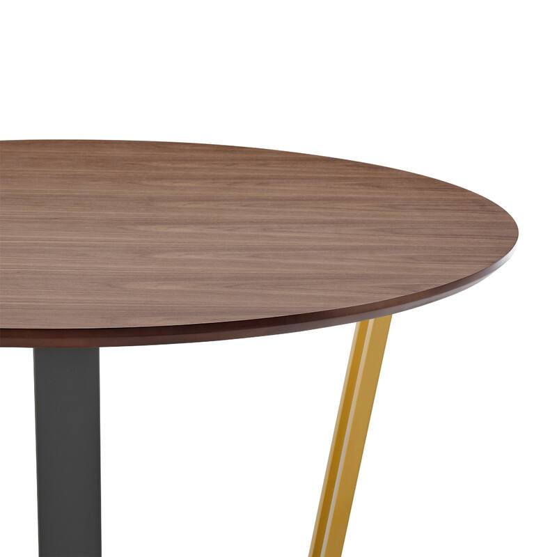 Leyne 48 Inch Round Dining Table, Gold Steel and Black Iron, Walnut Veneer - Walnut Brown, Black, Gold