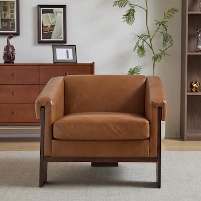 34" Leather Accent Chair with Wood Legs,Living Room Deep Seat Armchair