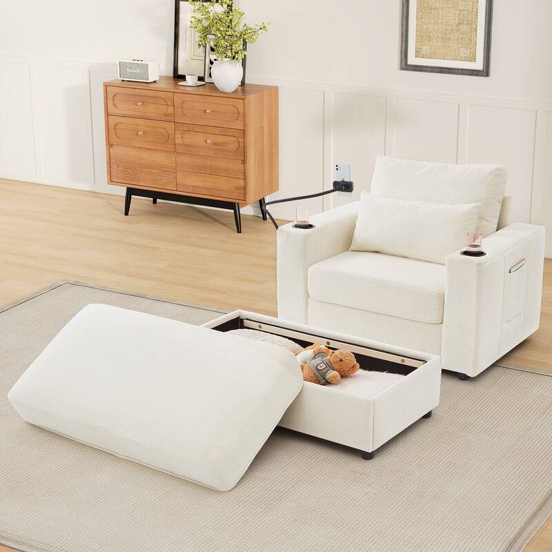 Chaise Lounge Sofa Couch with a Movable Storage Ottoman, Two USB Ports, Two Cup Holders, a Phone Holder，Side Pockets