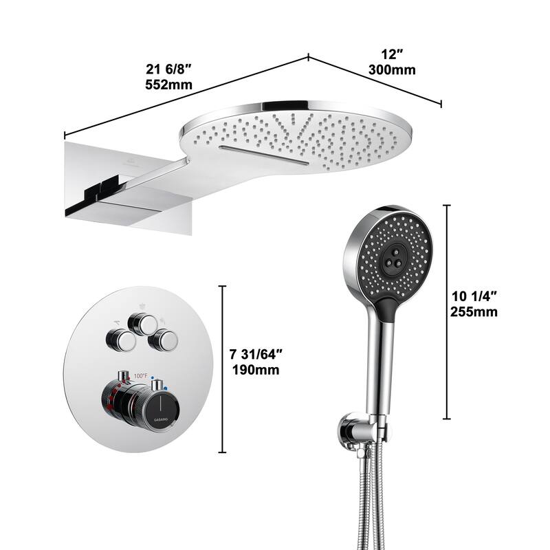 CASAINC 2-function Luxury Thermostatic Dual Shower Faucet Shower System with Waterfall Shower Head