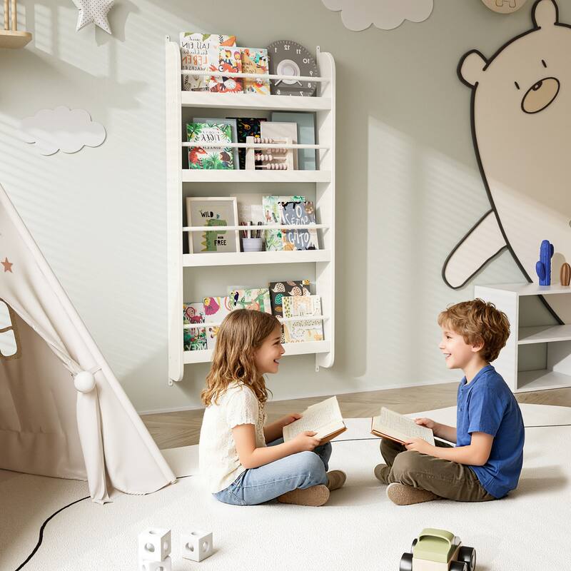 4-Tier Kids Bookshelf, Wall Mounted Kids Bookcases Organizer for Toys and Books