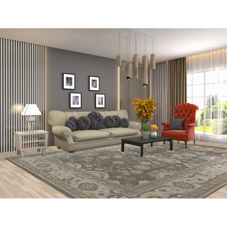 Gray Oushak Indian Area Rug Hand-Knotted Wool Carpet - 9'0"x 11'8"