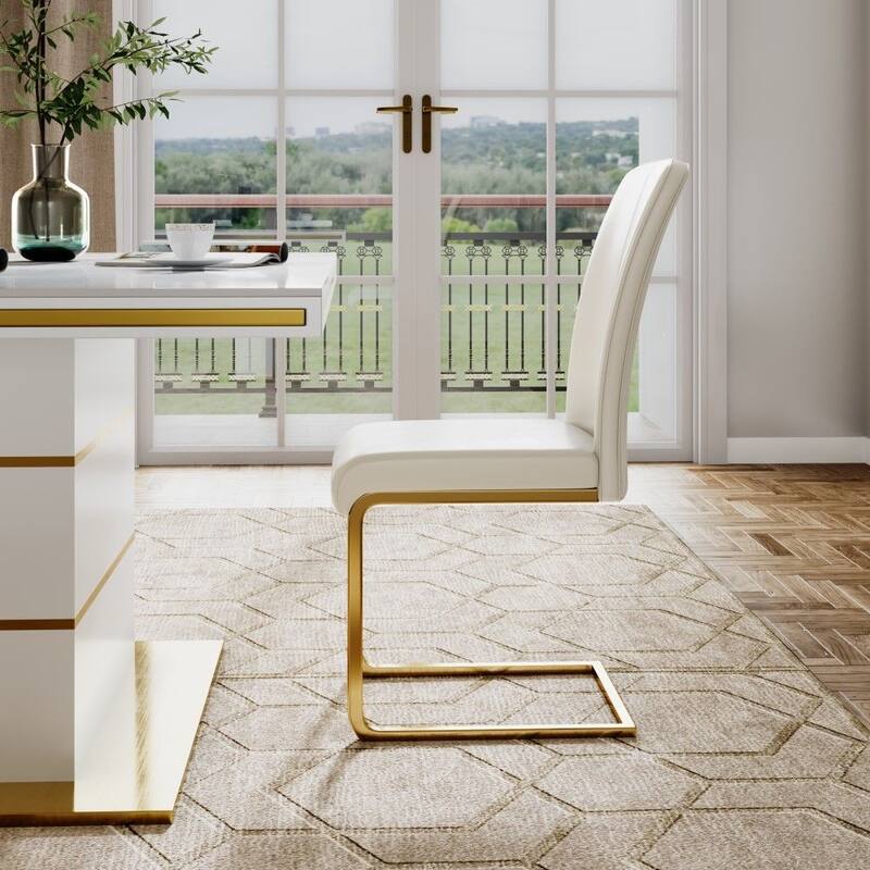 Luxury and Modern Home Dining Side Chair, White Leather Upholstered, Gold Legs, Set of 2, Assembly Needed - 37.80”