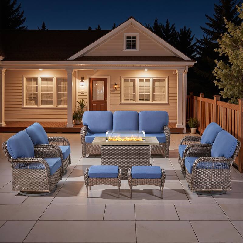 Pocassy Outdoor Fire Pit Table with Swivel Chair Sofa Ottoman Funiture Set. - Brown Wicker Blue Cushion - 8-Piece Sofa Swivel Chair Ottoman w/ Fie Table
