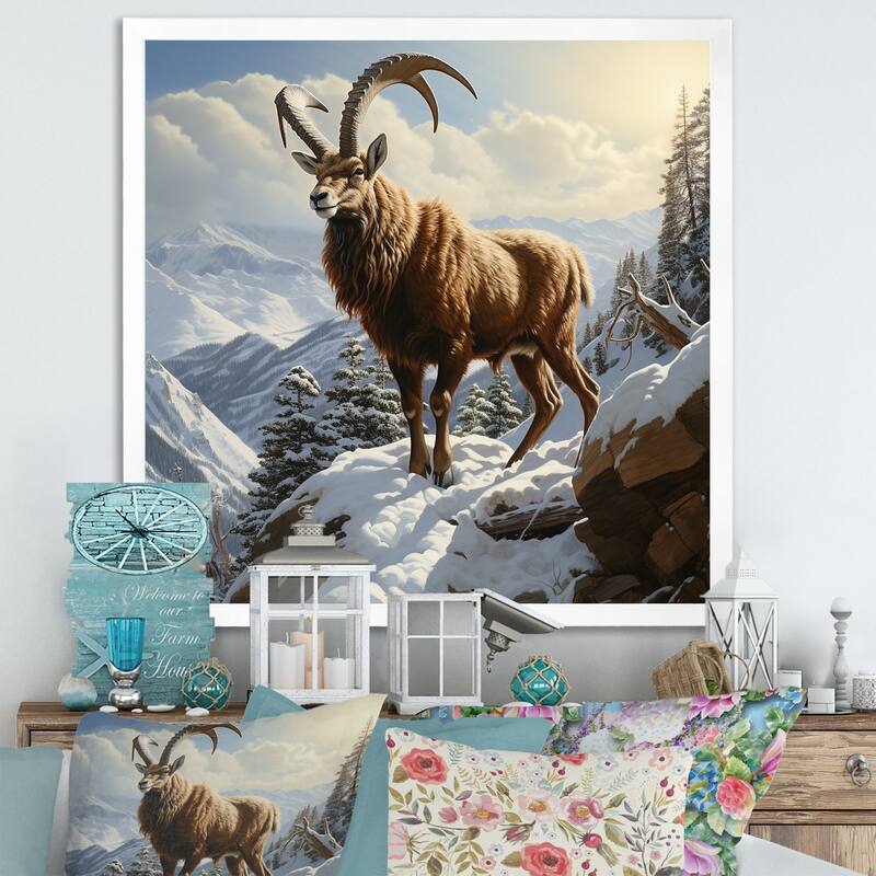 Designart "Minimalist Goat Winter Mountain Adventure" Goat Wall Decor Brown Modern Entryway Framed Wall Art Print - 30 in. wide x 30 in. high - White
