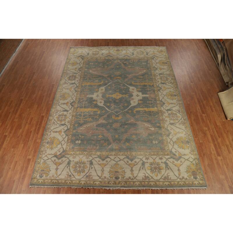 Oushak Indian Area Rug Hand-Knotted Transitional Green Wool Carpet - 9'11"x 13'8"