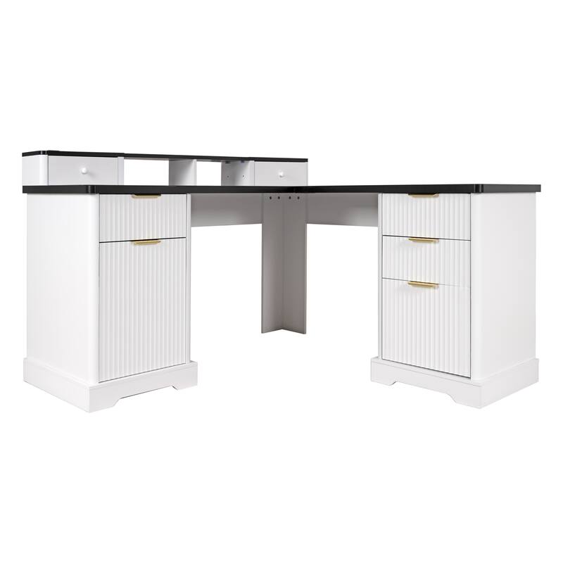 Roomfitters 59" Modern Fluted L-Shaped Desk with Charging Station, Monitor Stand & File Drawer