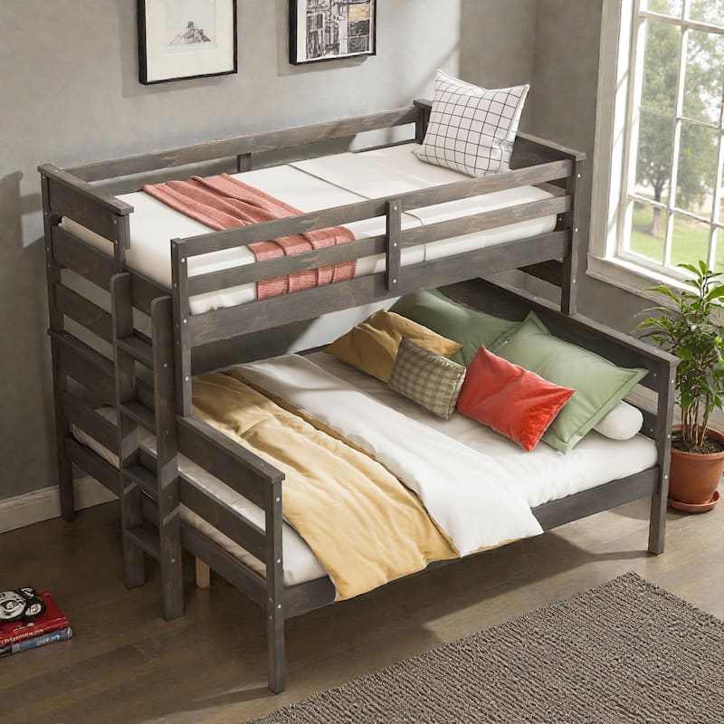 Wood Twin XL over Queen Bunk Bed with Ladder, Solid Pine Detachable Bunk Frame with Guardrails and Slat Support