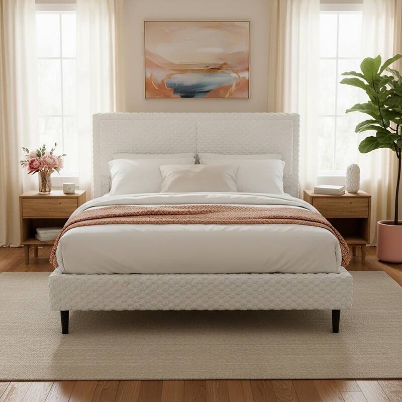 Christopher Knight Home - Thalassian Plush Upholstered Bed with Wooden Frame and Headboard - White - King