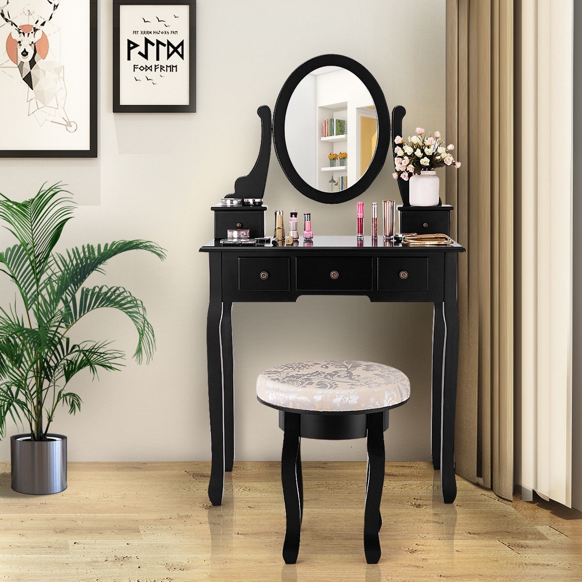 Vanity Set With Mirror & Cushioned Stool Dressing Table 5 Drawers Makeup Table 