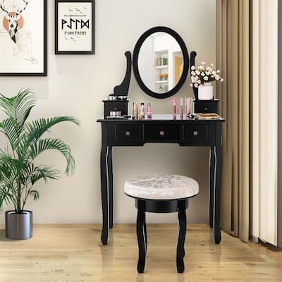 Costway Vanity Table Makeup Table Cushioned Mirror 5 Drawers Black