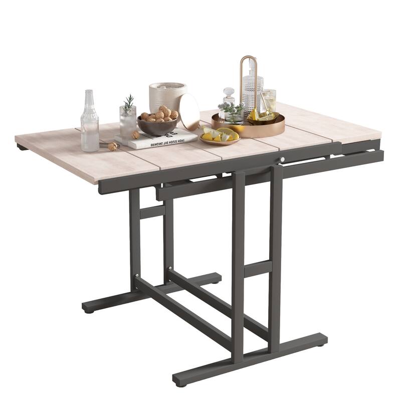 Solid Mahogany Wood Multifunction Convertible Dining Table, Free Switch Space Saving Table Shelf for Home and Studio - White