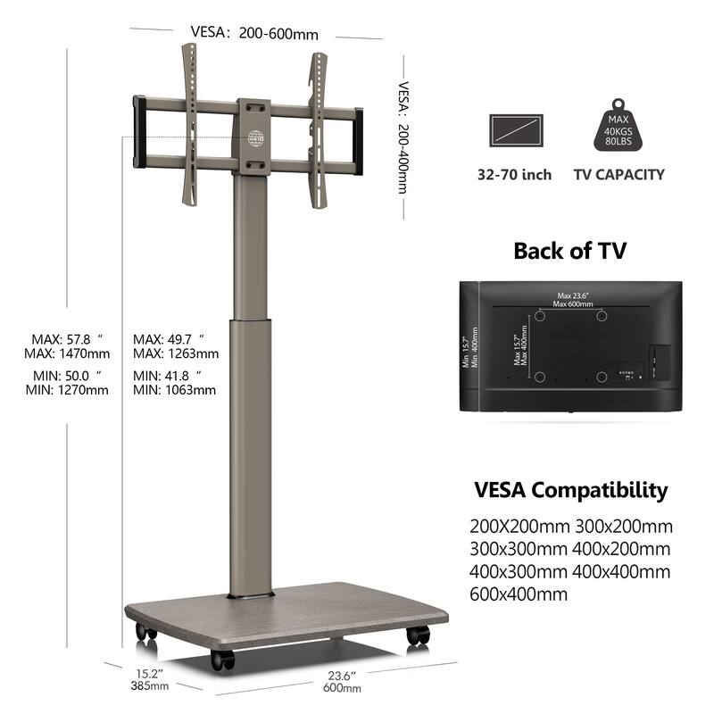 FITUEYES Rolling TV Floor Stand for 32 - 70 Inch TVs, Elegant Portable TV Stand with Upgraded 360° rotating wheels
