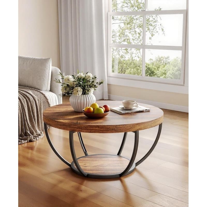 Engineered Wood Round Coffee Table with 2-Tier Metal Base - 31.69" L x 31.69" W x 17.32" H