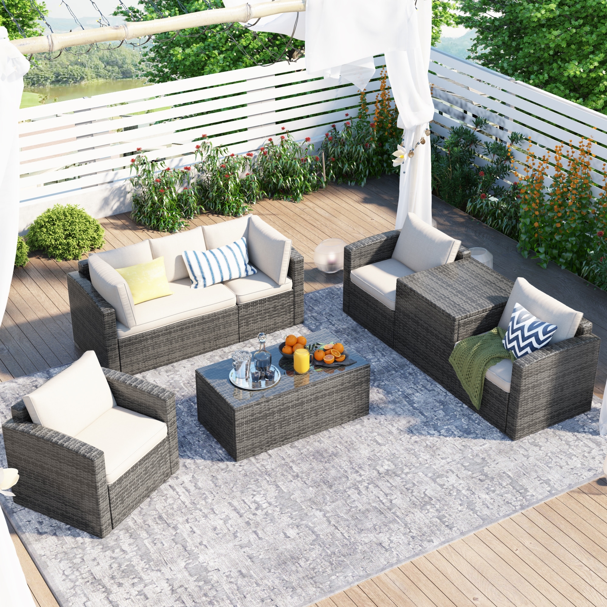 7 Piece PE Rattan Sofa Set with Glass Table and Storage On Sale