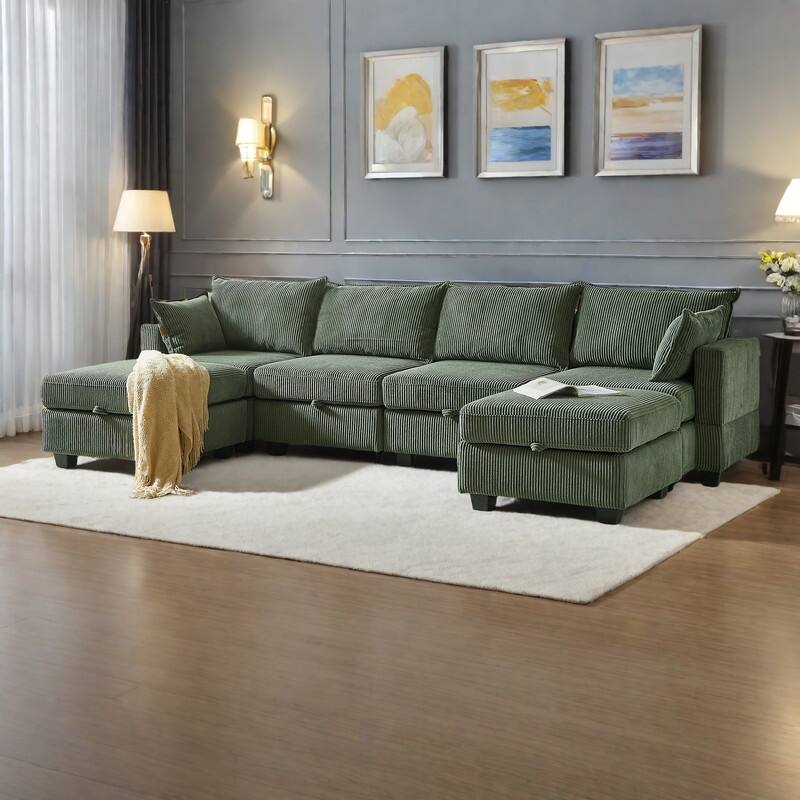 113.5" Corduroy U-Shaped Sectional Sofa with Storage Ottoman, 6-Seat Modular Design and Convertible Chaise - Green