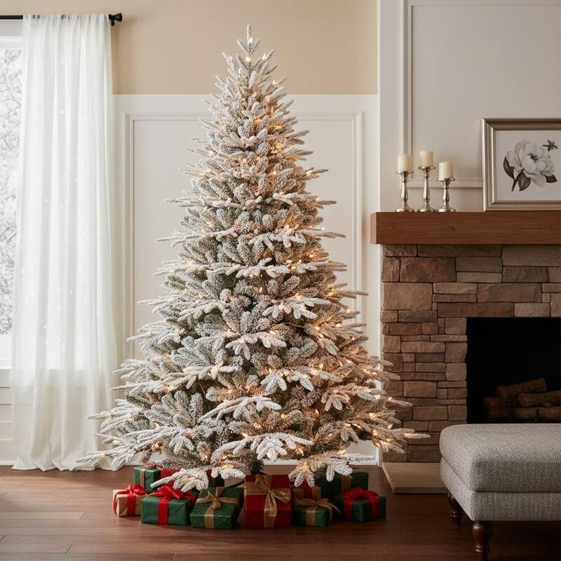 HomeRoots 6' White Pre Lit Full Flocked Fir Christmas Tree - 55.00 in. x 72.00 in. x 55.00 in. - White - 6 Foot