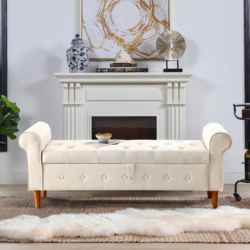 Modern Fabric Upholstered Storage Bench with Tufted Button and Rolled Arm