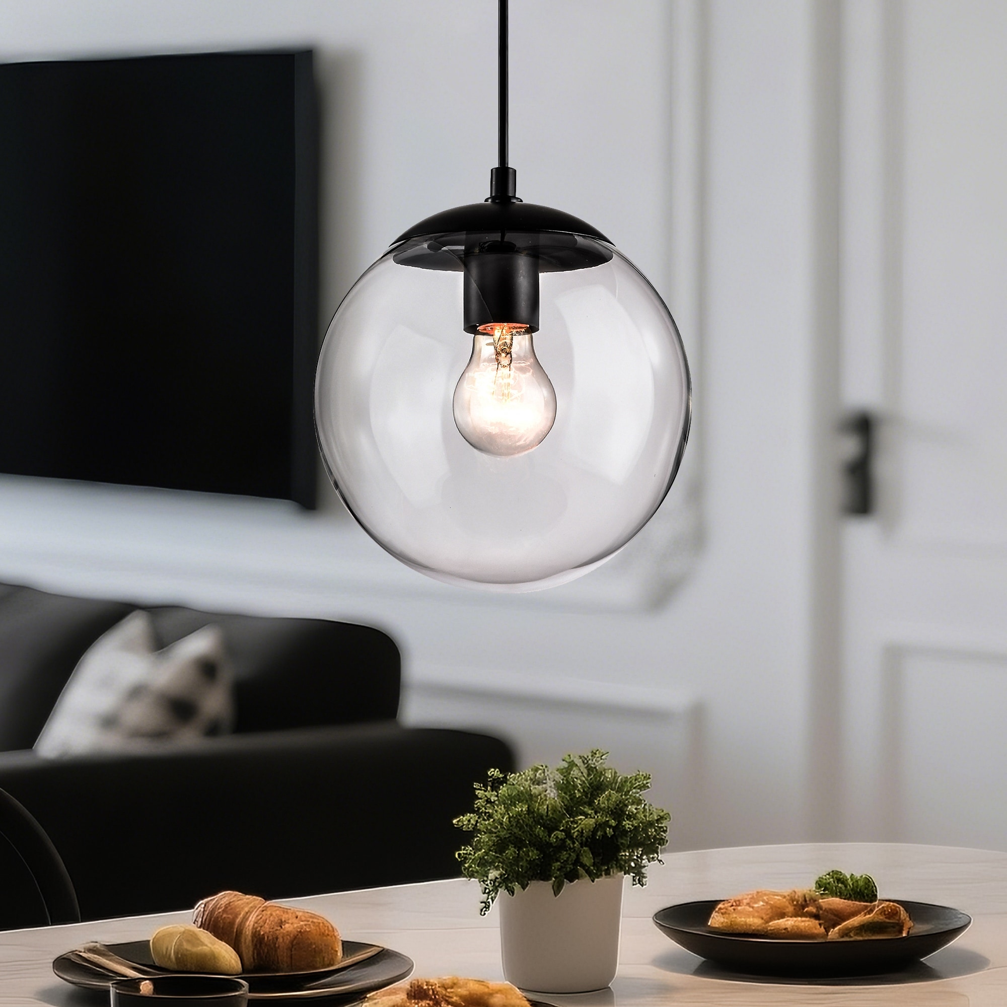 7.75 in. 1-Light Matte Black/Brushed Nickel Pendant Light with Clear Globe Glass Shade