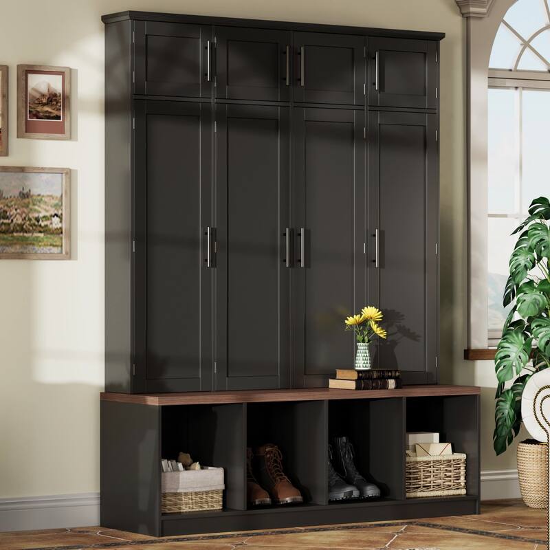 Roomfitters Farmhouse Hall Tree, 4 Hidden Hooks, Walnut Bench with 8 Doors, Entryway Shoe Cabinet