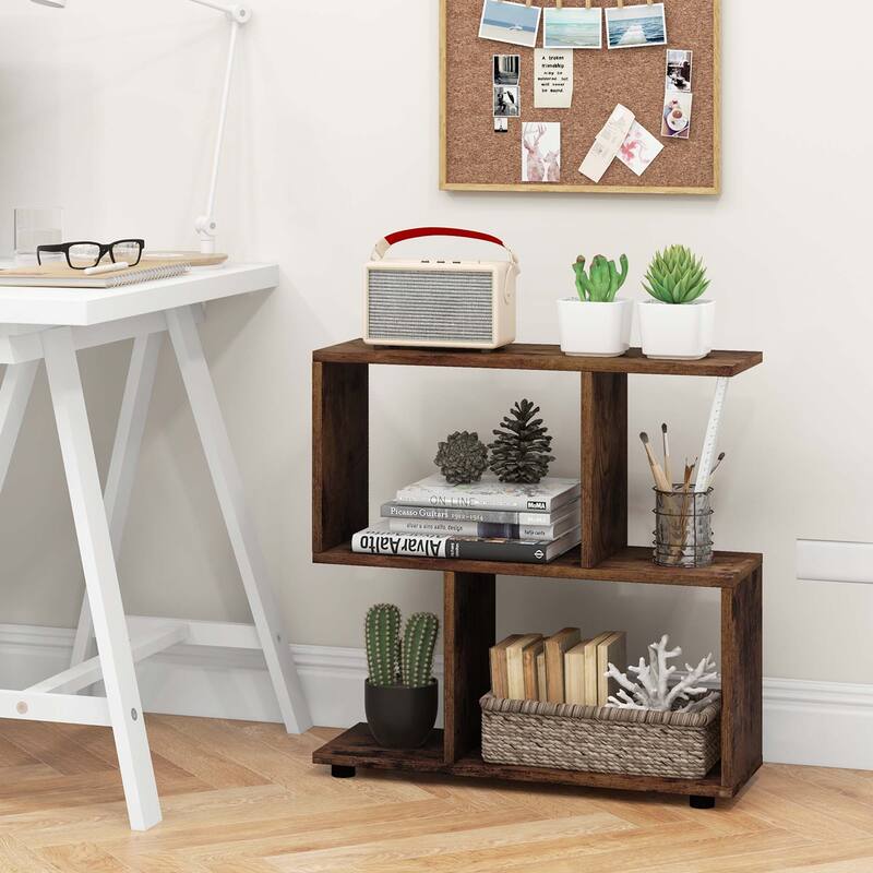2PCS 2-Tier Wooden Bookshelf Free Standing S-Shaped Shelf Storage
