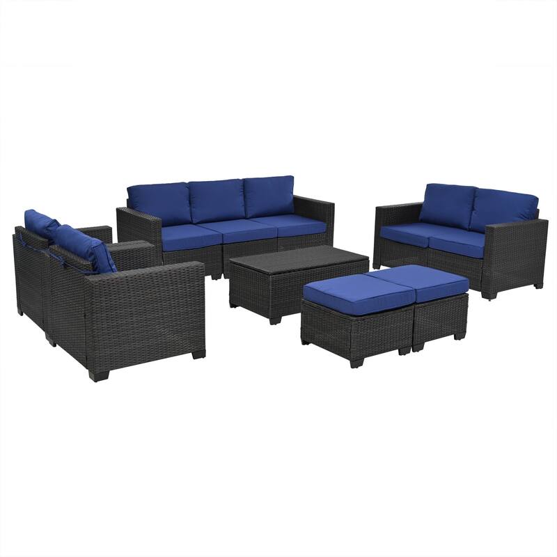 10-Piece Outdoor PE Rattan Cnversation Sectional Sofa Set with Storage Coffee Table and Waterproof Cushions