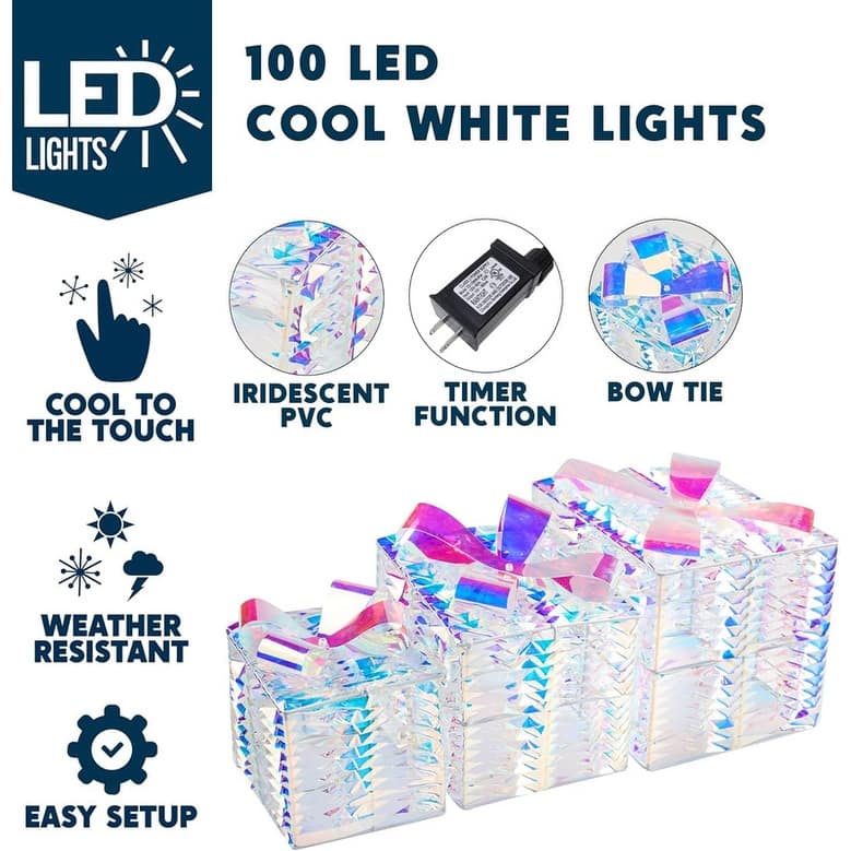 Christmas Lighted Gift Boxes - Set of 3 Iridescent Present Boxes for Indoor Holiday Décor