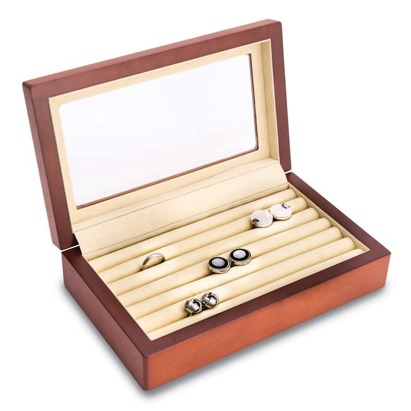 Curata Matte Cherry Finish Glass Lid Velour Lined Wooden Cufflink/Ring Box