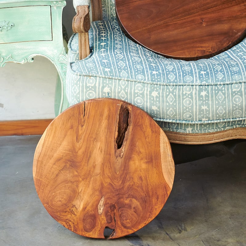 Greenage Round Teak Wood Slab Table Top - 15.74" x 15.74" x 2"