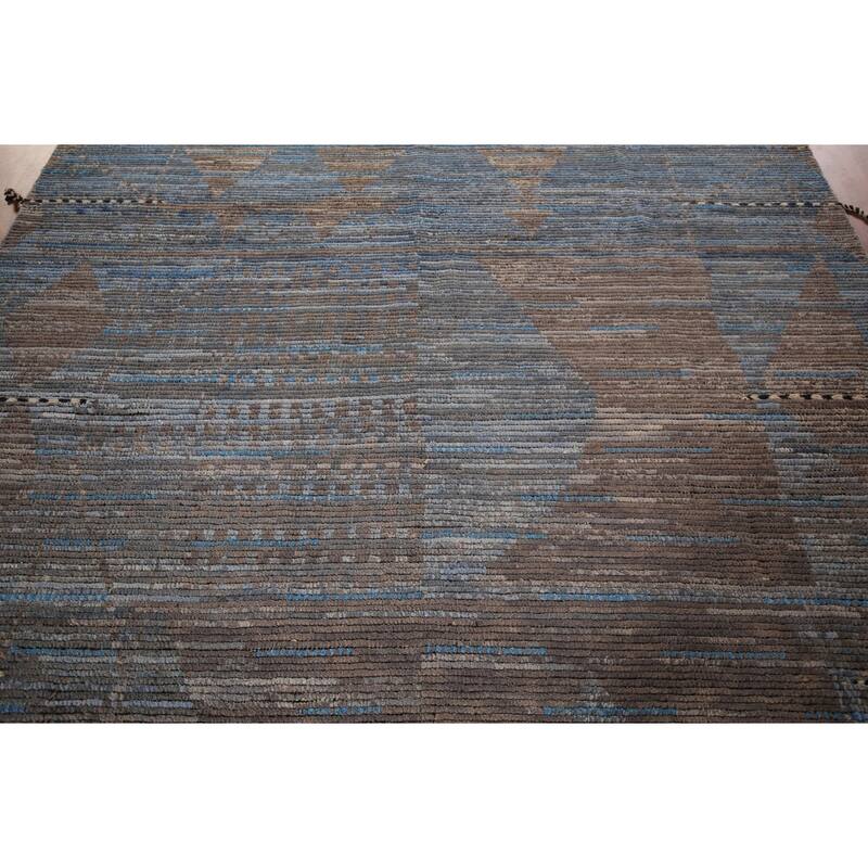 Blue Striped Moroccan Abstract Area Rug Hand-Knotted Wool Carpet - 8'0"x 12'7"