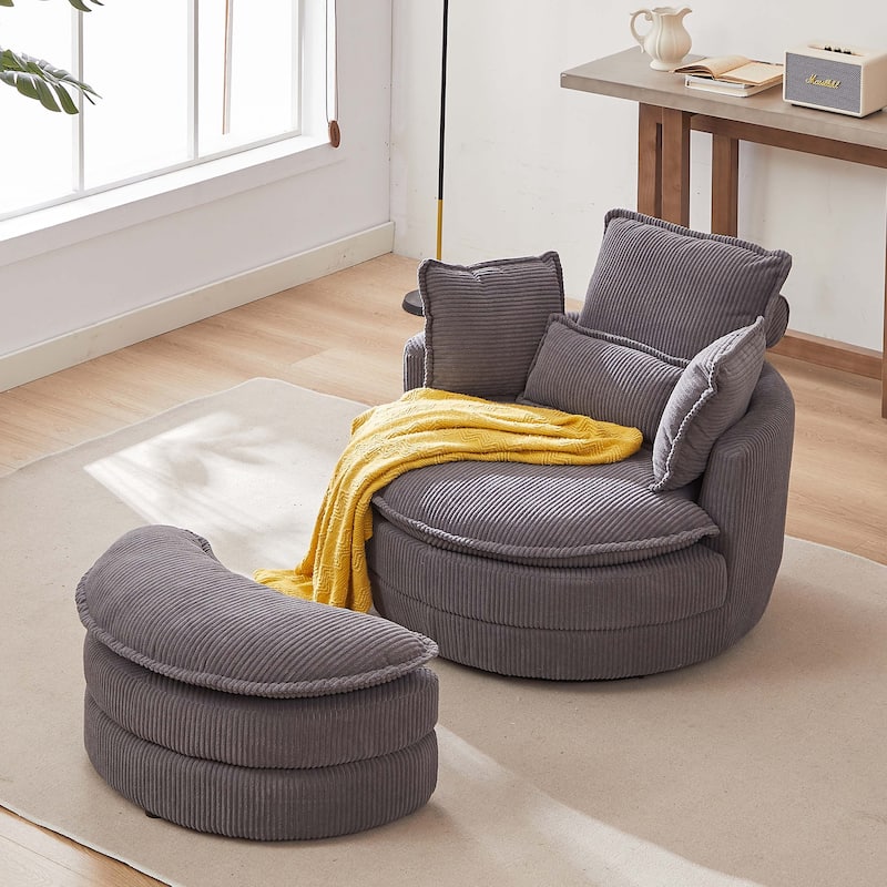Swivel Chair with Moon Storage Ottoman for Living Room - Grey