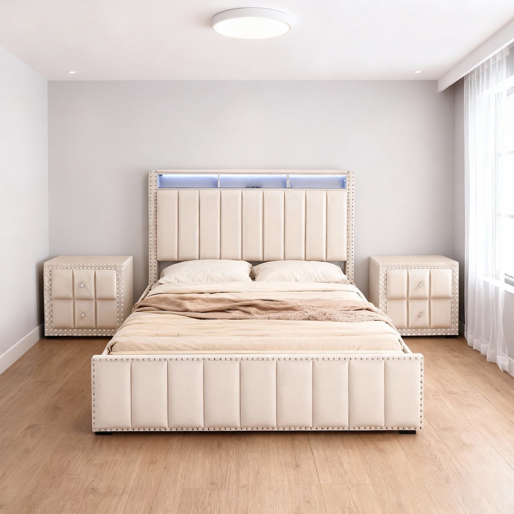 Modern Beige Solid Wood Bed Frame with Open Compartments