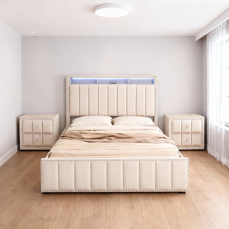 Modern Beige Solid Wood Bed Frame with Open Compartments - Full
