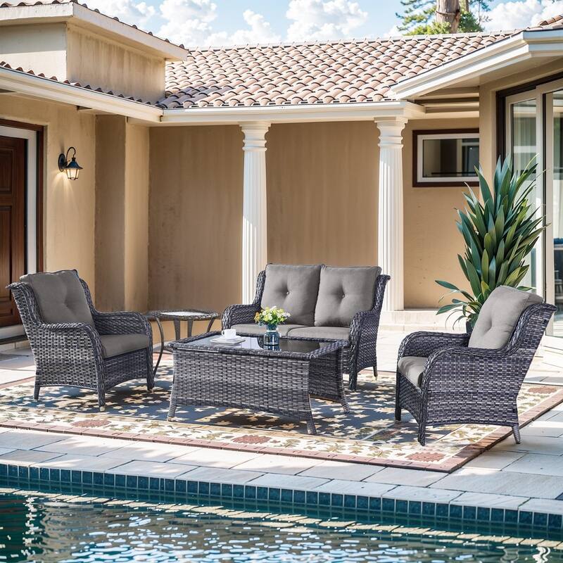 Outdoor Loveseat Sofa with Chair Ottoman Table - 5PCS - Sofa with Chair and Coffee Table - Grey Rattan - Grey Cushion