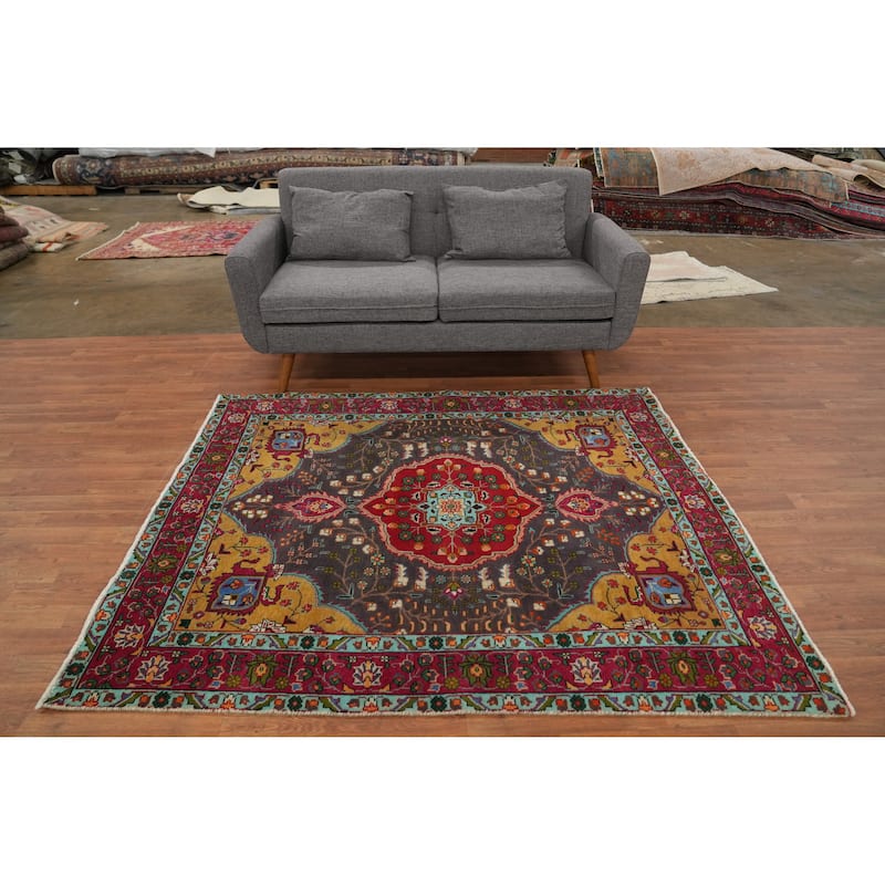 Hand Knotted Oriental 100% Wool Carpet Traditional Floral Greys & Charcoal Tabriz Area Rug - 6' 2'' X 5' 1''