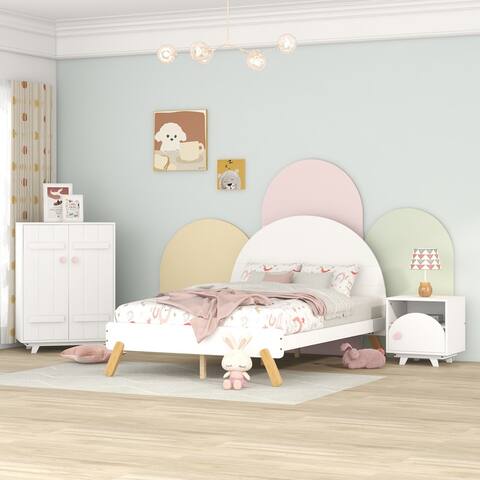 3 Pieces Wood Bedroom Sets with Platform Bed ,Nightstand &Wardrobe