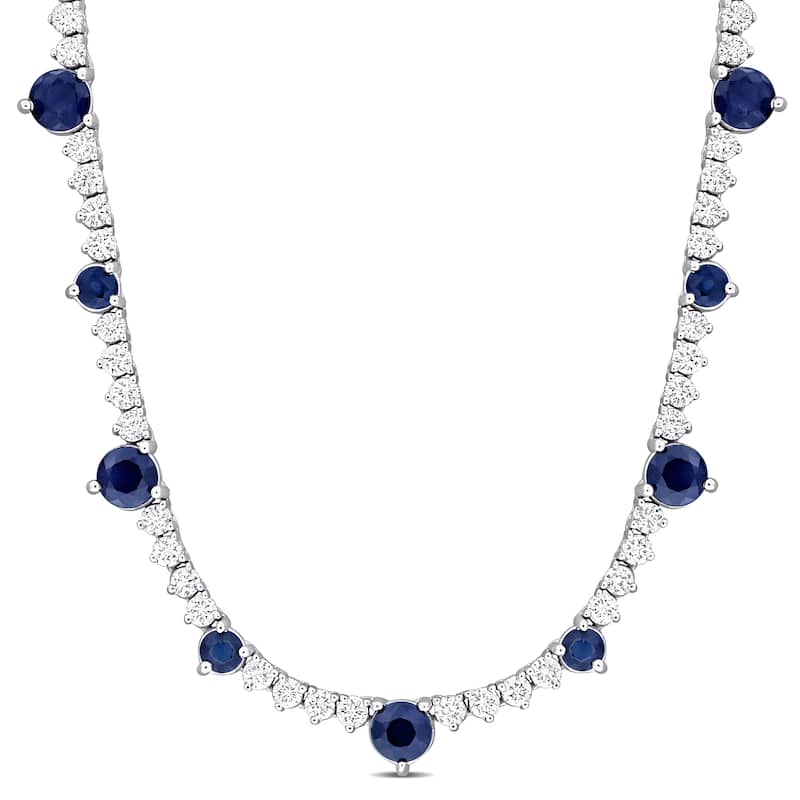 Miadora 2 7/8ct TGW Blue Sapphire and 1 3/5ct TDW Diamond Station Necklace in 14k White Gold